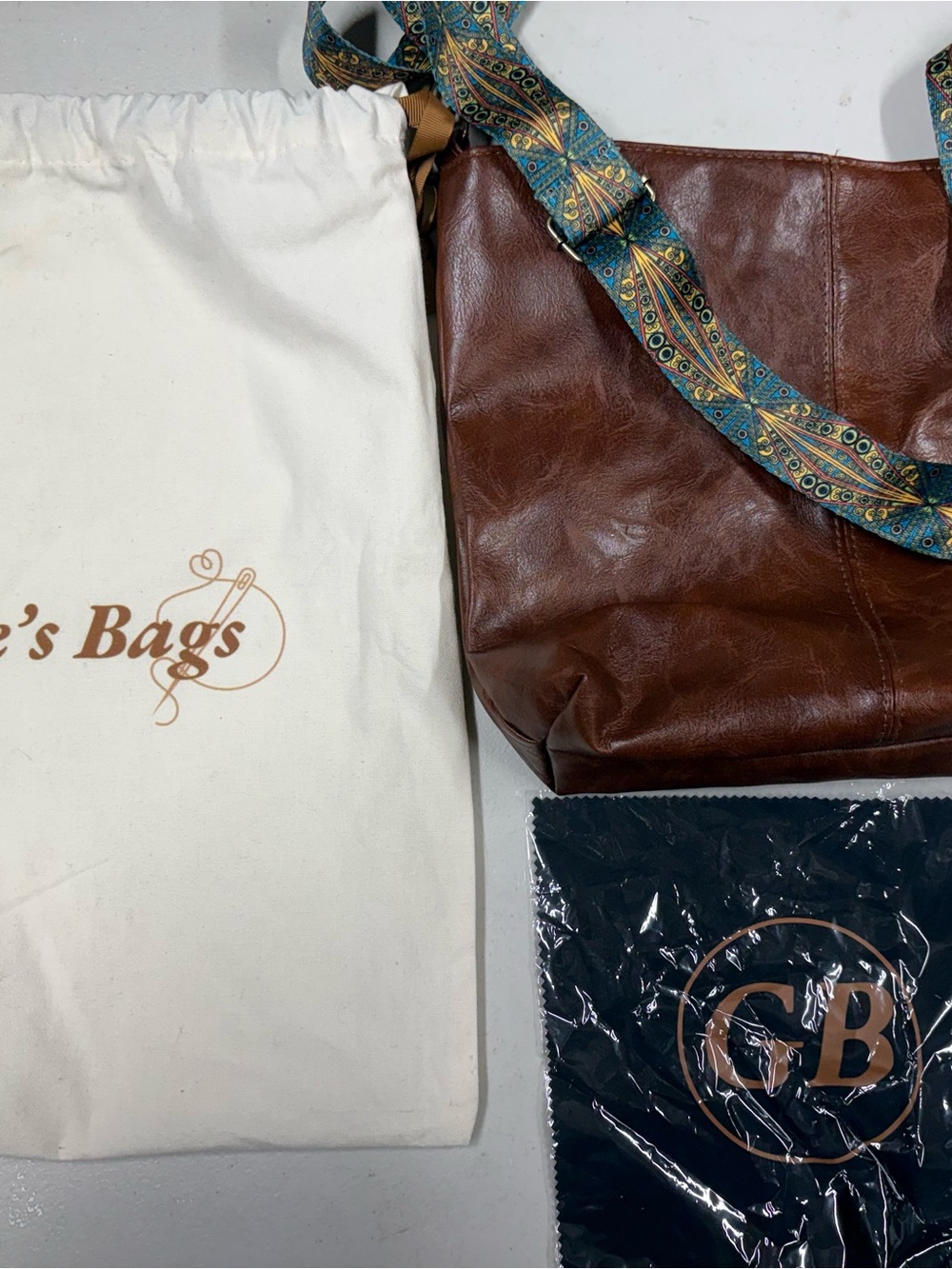 GB Brown Leather Shoulder Bag with Patterned Strap